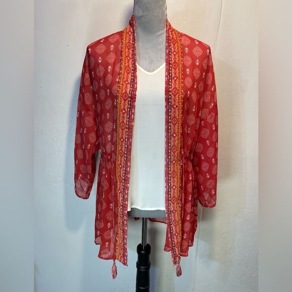 #0228 Xileration Red/Orange Sheer Kimono Accent Trim Drawstring with Tassels-S - Picture 3 of 9